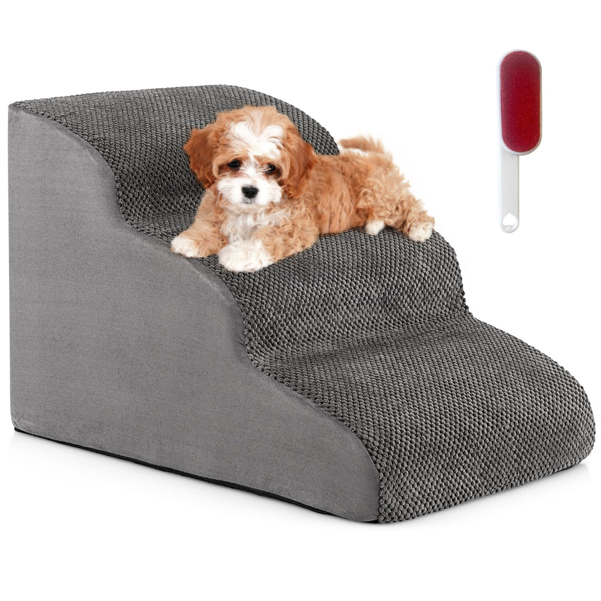 NNECW 3-Tier Foam Dog Ramp with High-Density Sponge &amp; Silicone Paw Prints-Grey