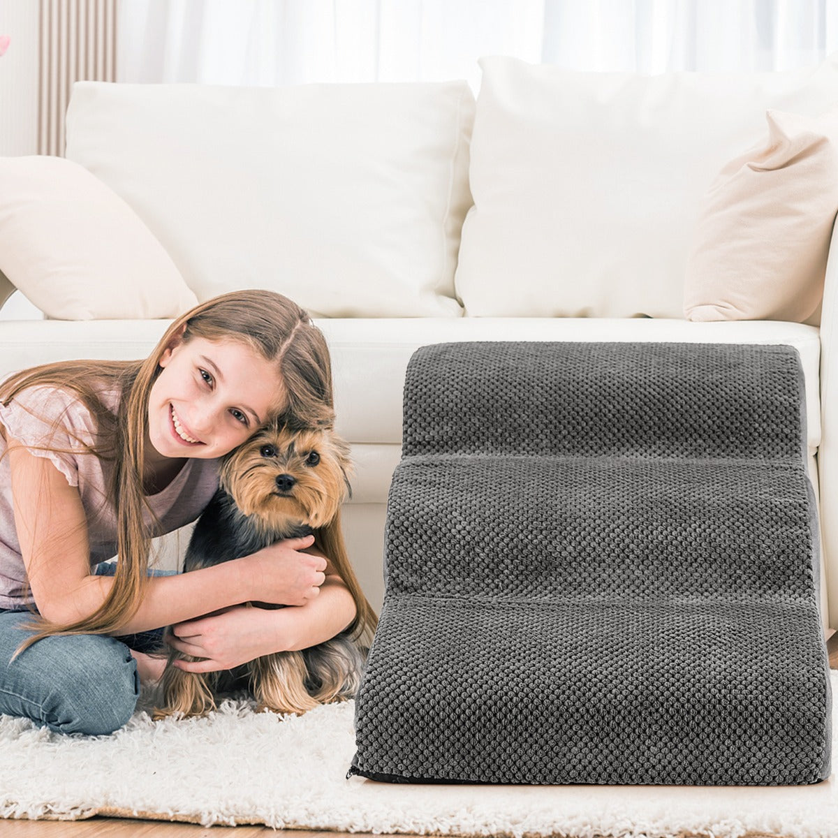 NNECW 3-Tier Foam Dog Ramp with High-Density Sponge &amp; Silicone Paw Prints-Grey