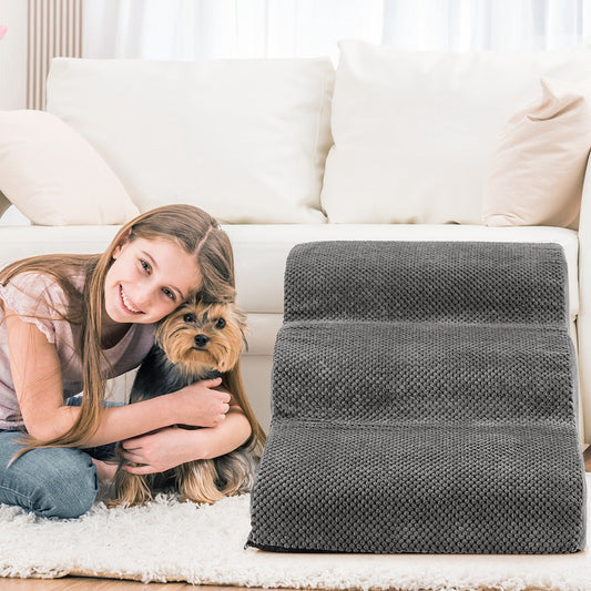 NNECW 3-Tier Foam Dog Ramp with High-Density Sponge &amp; Silicone Paw Prints-Grey