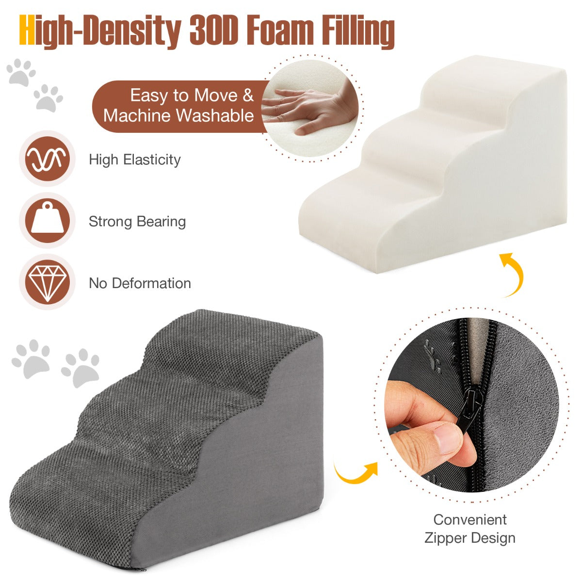 NNECW 3-Tier Foam Dog Ramp with High-Density Sponge &amp; Silicone Paw Prints-Grey