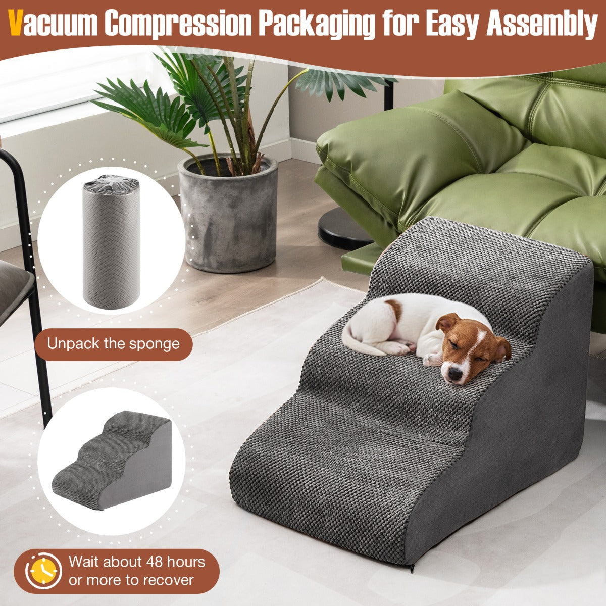 NNECW 3-Tier Foam Dog Ramp with High-Density Sponge &amp; Silicone Paw Prints-Grey