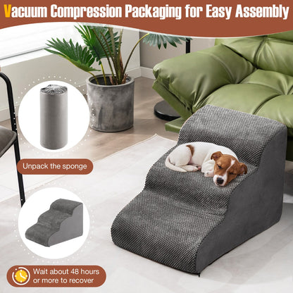 NNECW 3-Tier Foam Dog Ramp with High-Density Sponge &amp; Silicone Paw Prints-Grey