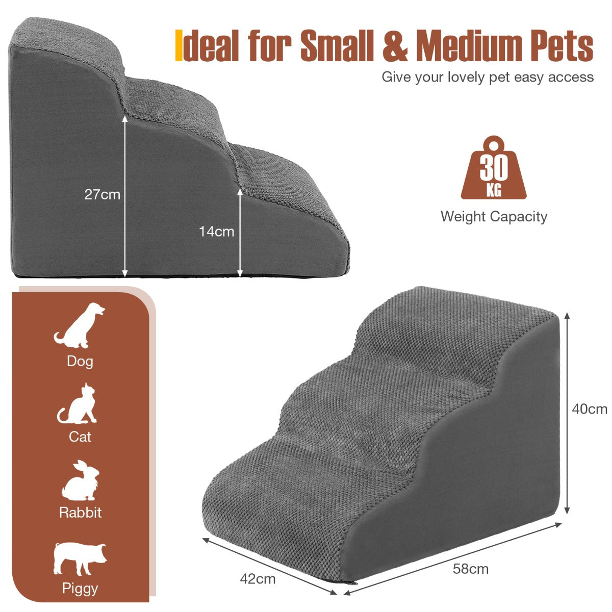 NNECW 3-Tier Foam Dog Ramp with High-Density Sponge &amp; Silicone Paw Prints-Grey