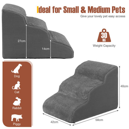 NNECW 3-Tier Foam Dog Ramp with High-Density Sponge &amp; Silicone Paw Prints-Grey